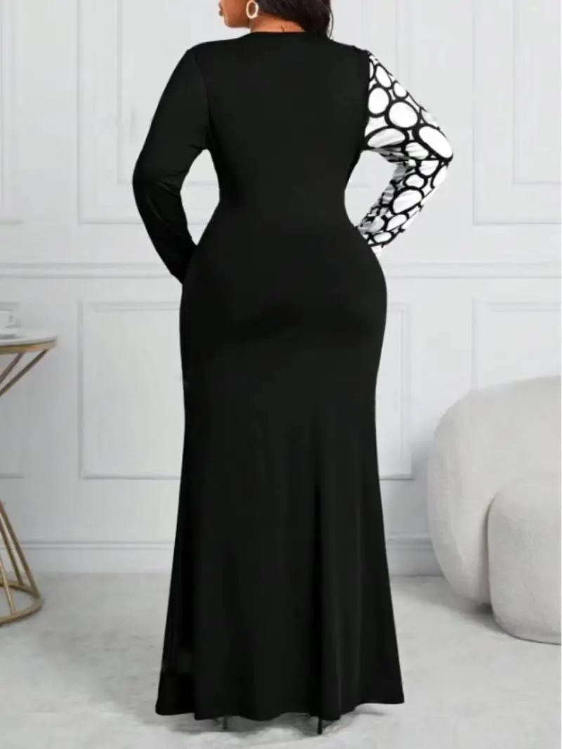 Plus Size Contrast Color Women Dress O Neck Front Twist Female Long Sleeves Elegant Dresses Bodycon Clothing Evening Party Gowns