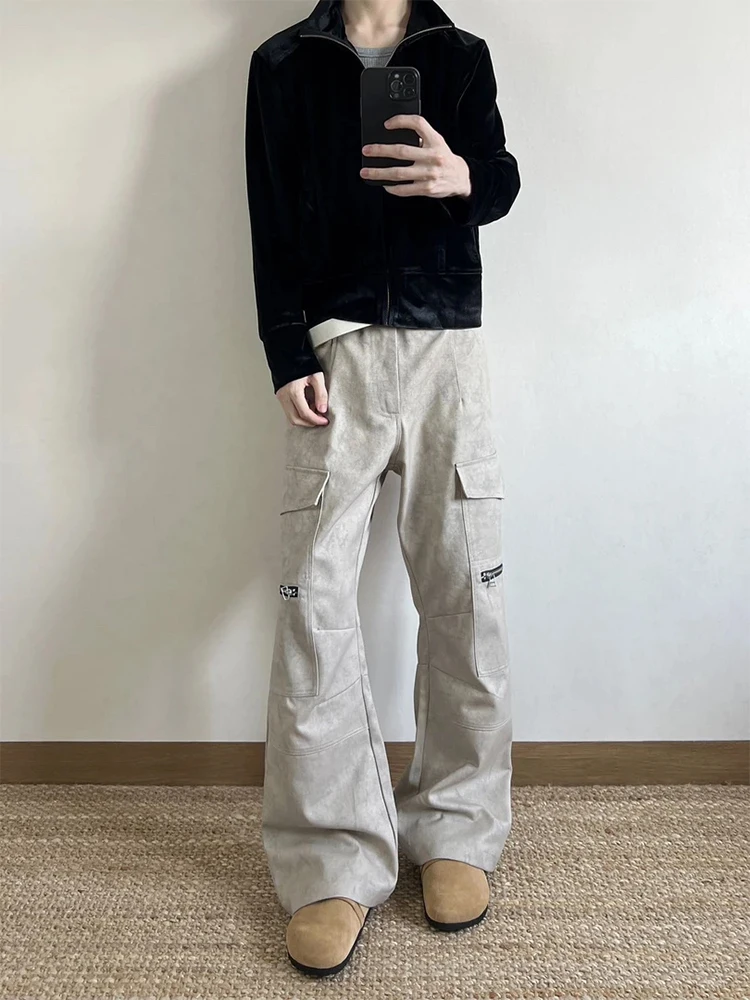 

American Retro Marble Pattern Flared Casual Pants Men's CleanFit Zipper Pocket Workwear Trousers Straight Leg Natural Waist