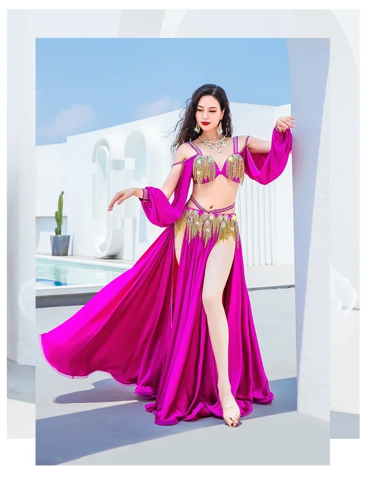 Candy Color Women Egyptian Dance Competition Belly Dance Satin Costume Oriental Dance Rhinestone Beaded Bra Belt Maxi Skirt