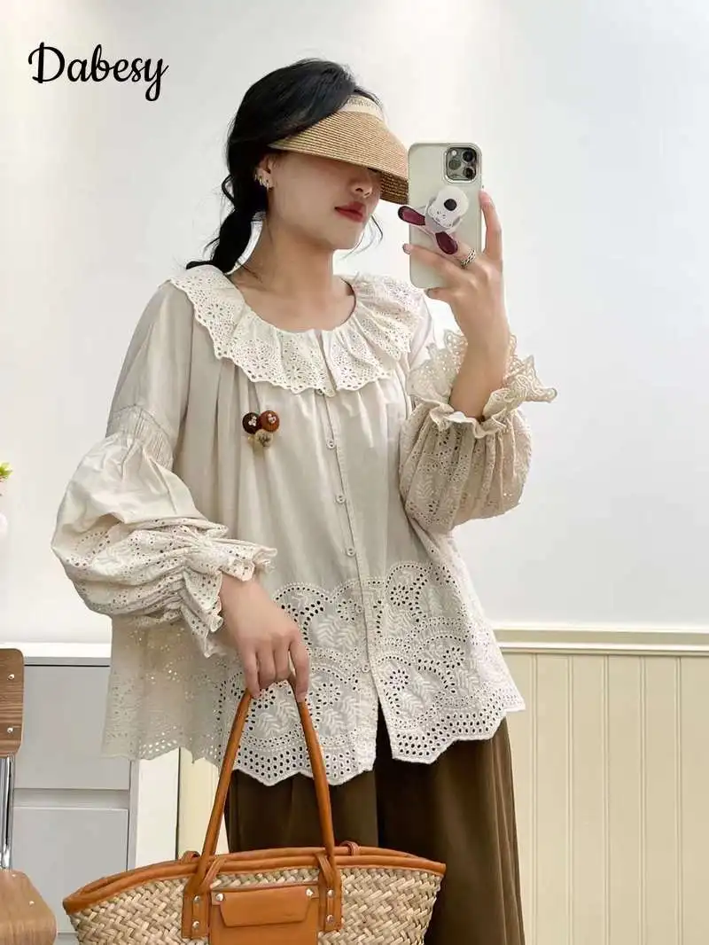 Japan Style Hollow Out Cotton Shirt Women New Autumn Mori Girl Peter Pan Collar Long Puff Sleeve Blouses Loose Kawaii Solid Tops