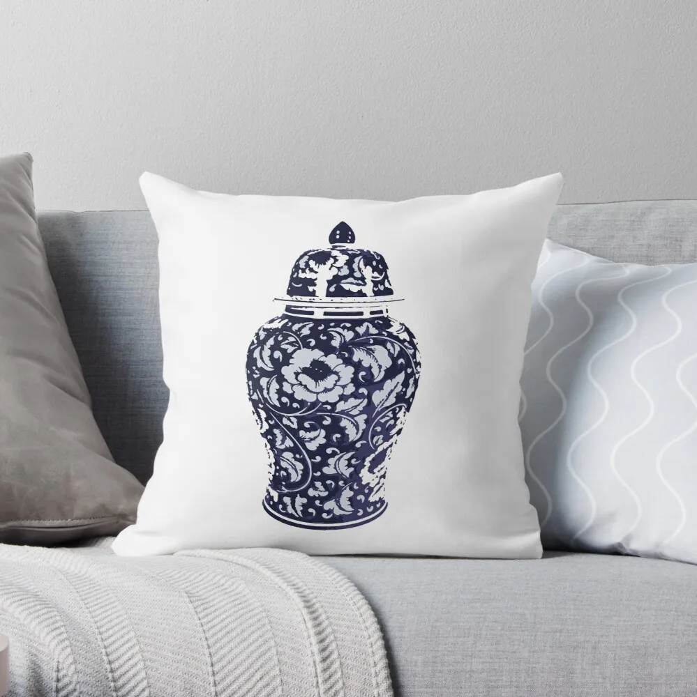 

Navy Blue White Hamptons Ginger Jar Chinoiserie Vase Art Throw Pillow cushion cover set christmas covers