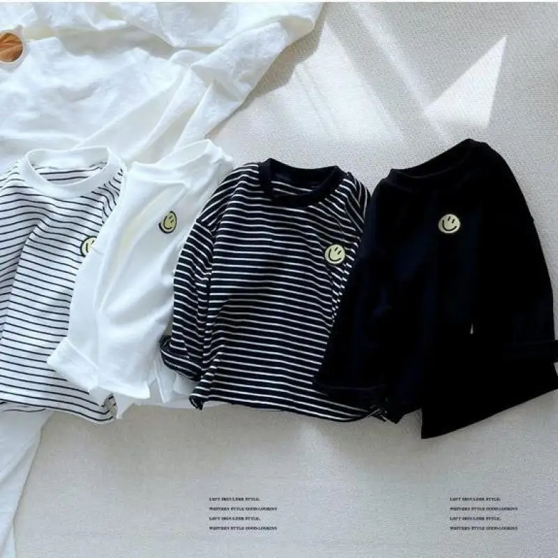 Long Sleeve Base Shirt Boys Child Trendy Striped Round Neck Tops Casual Loose New Design Versatile Tops Toddler Summer Clothing