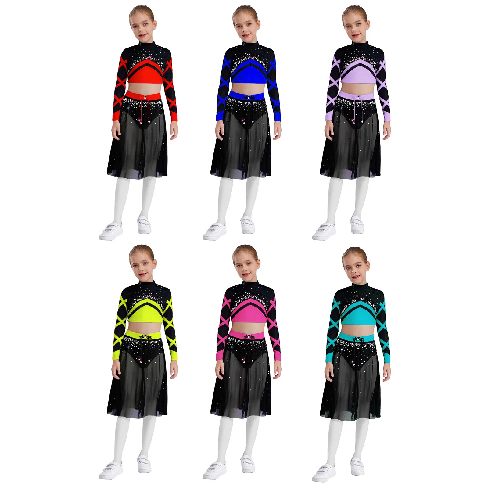 Tenue de danse lyrique de Ballet pour enfants filles, manches longues, trou de serrure au dos, strass brillants, haut court avec bouton de nœud, jupe en maille fendue sur le côté