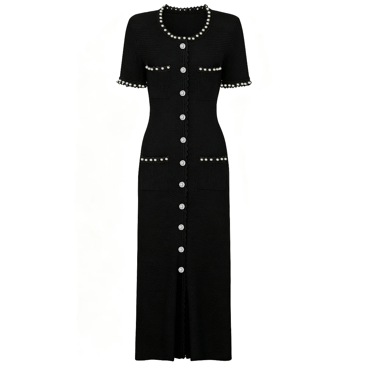26182 Neues Sommer-Maxikleid für Damen mit Kurzen Ärmeln, Perlenknöpfen, Schlanker Schnitt, Elegant und Stilvoll für den Alltag