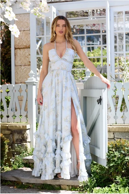 Women's Fashion Flower Print Bead Chain Halter Neck Long Dresses Sexy V-neck Backless Leace-up Slit Dress Lady Party Vestidos view 3