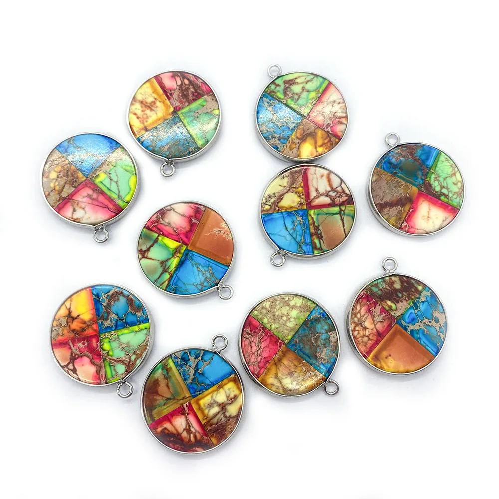 Natural Emperor Stone Polished Round Shape Four-Color Splicing Silver-Plated Edge Single-Hole Pendant DIY Accessories Necklaces