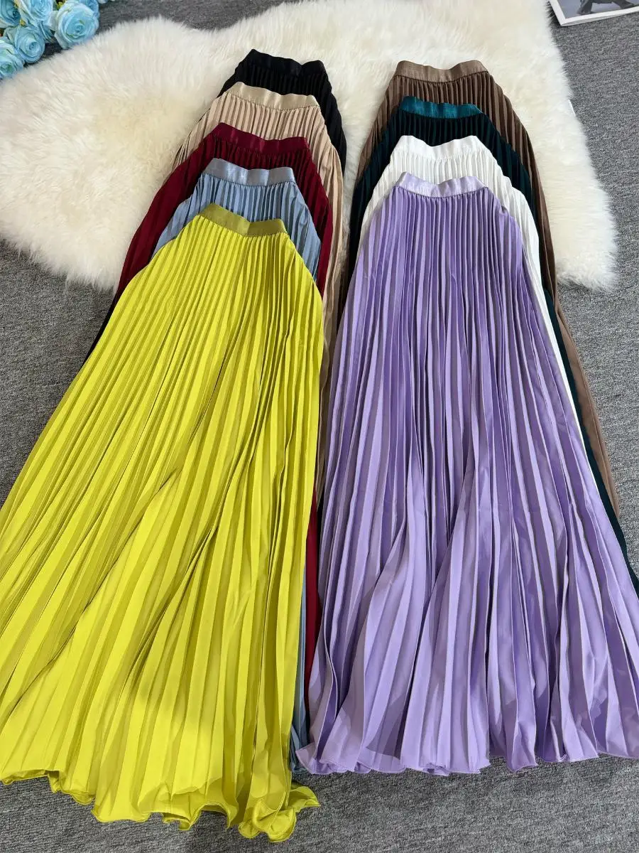 

High Waist Wave Pleated Skirt Women's Commuter Long Skirt Artistic Sle Polyester Fiber Ci Walk Pure Color Skirt