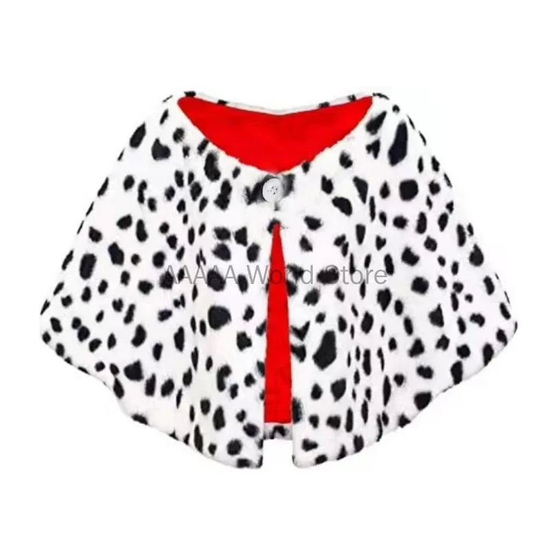 Parrucca da donna sexy con pois leopardati, scialle, crudelia, bottoni cosplay, mantello da strega, carnevale di Halloween, sera, sfilata, festa in costume