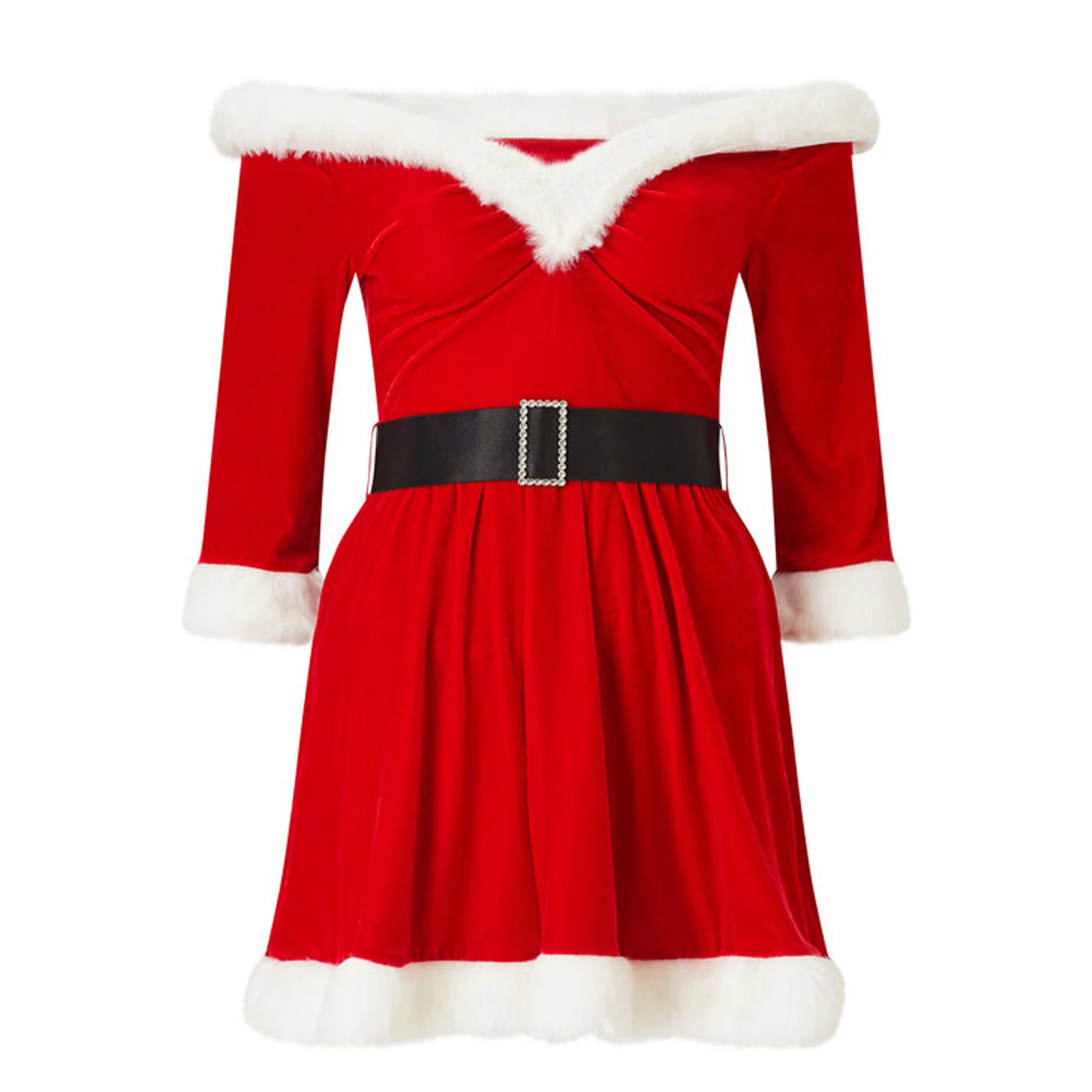 Women Christmas Costume Santa Cosplay Dress Plush Trim Patchwork Boat-Neck Off-Shoulder 3/4 Sleeve Dress Party Costume