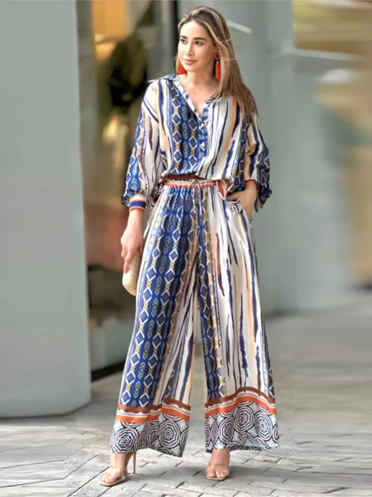 

2024 Trendy Printed Shirt Pant Suit Female Lantern Sleeve Single Breasted Loose Shirts & Elastic High Waist Wide Leg Trouser Set