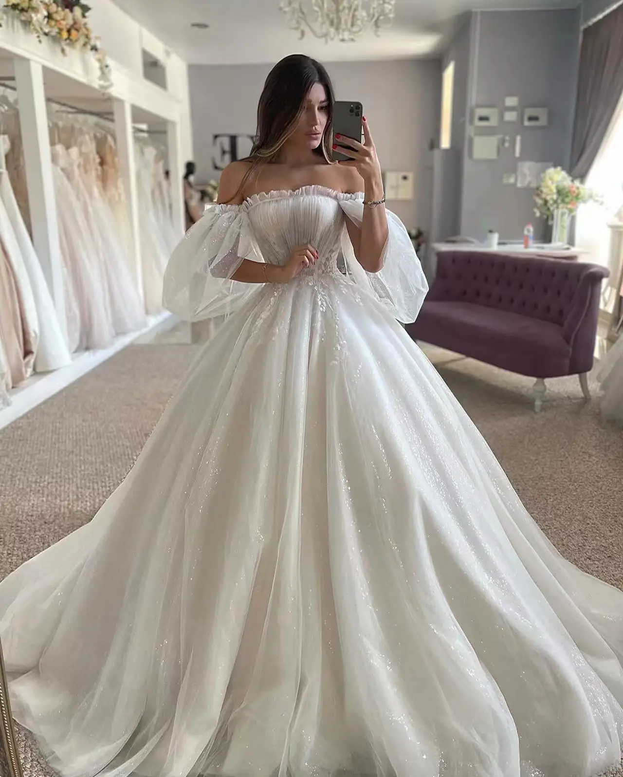 Vestido de novia plisado de manga larga con hombros descubiertos, vestidos de novia brillantes de encaje