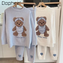 Soft Pajamas Women Autumn and Winter Cartoon Bear Long Sleeve O Neck Pajama Sets Coral Fleece Thick Casual Warm Loungewear