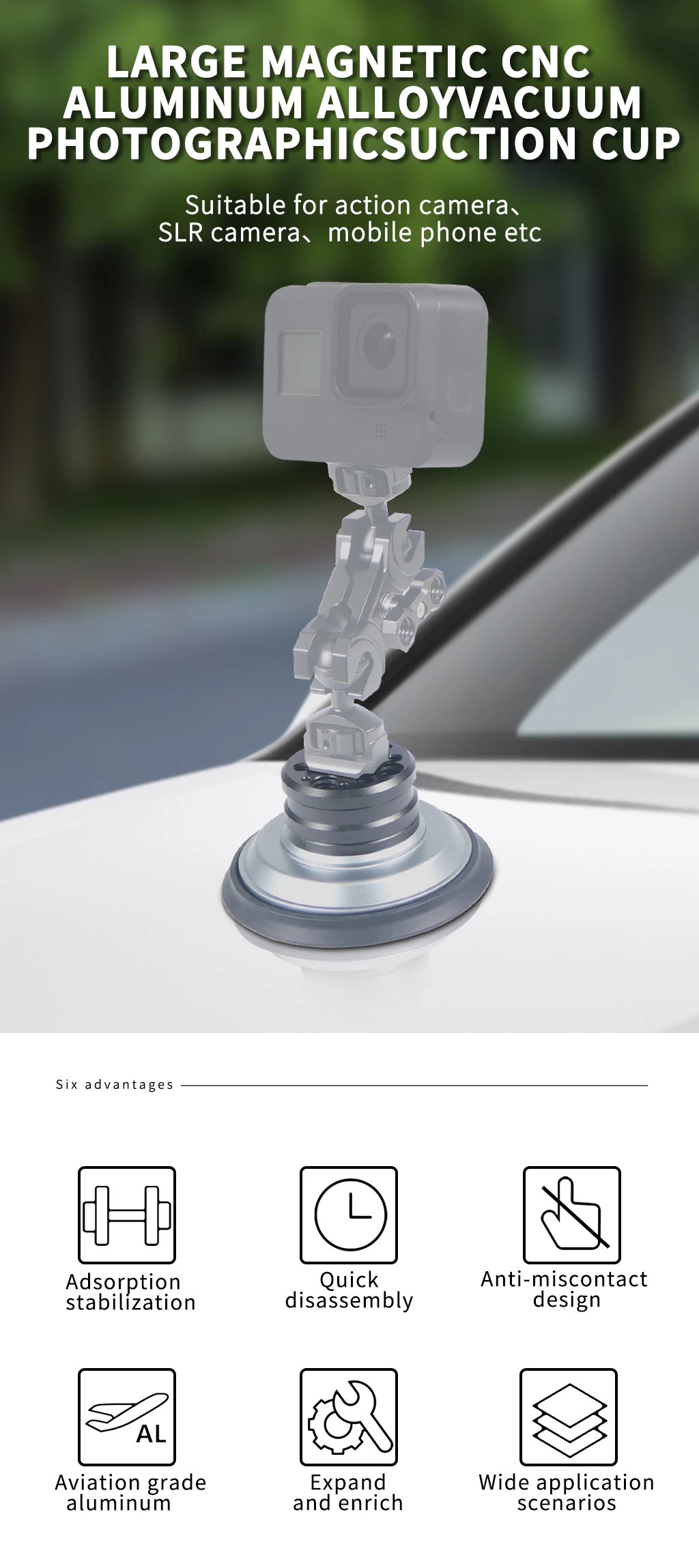 Neue 4-Zoll-Auto-Saugnapf-Montagebasis 1/4 Zoll 3/8 Zoll ARRI Action-Kamera Handpumpe Vakuum-Saugnapf für GoPro Insta360 Heavy-Duty – Detail 1