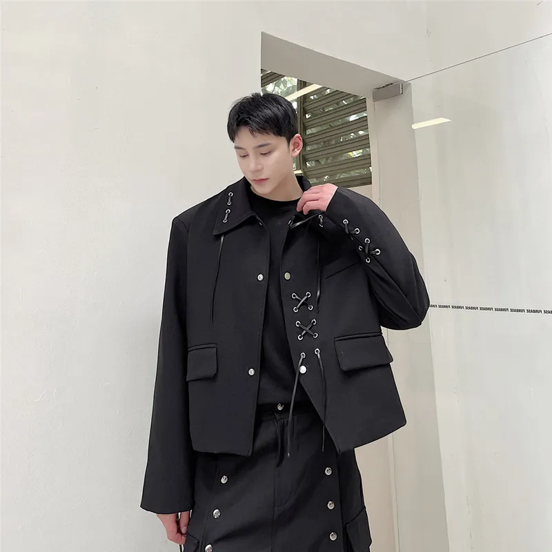 Men's Jackets 2025 Spring Autumn New Lapel Lace-Up Trendy Retro Stylish Jackets Male Chic High-End Short Style Long Sleeve Coats