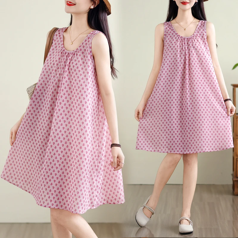 

plus Size Summer Loose Cotton Linen A-Line Dr Svel round Ne Print Midi Dr Thin Material Women's Faion Commute...