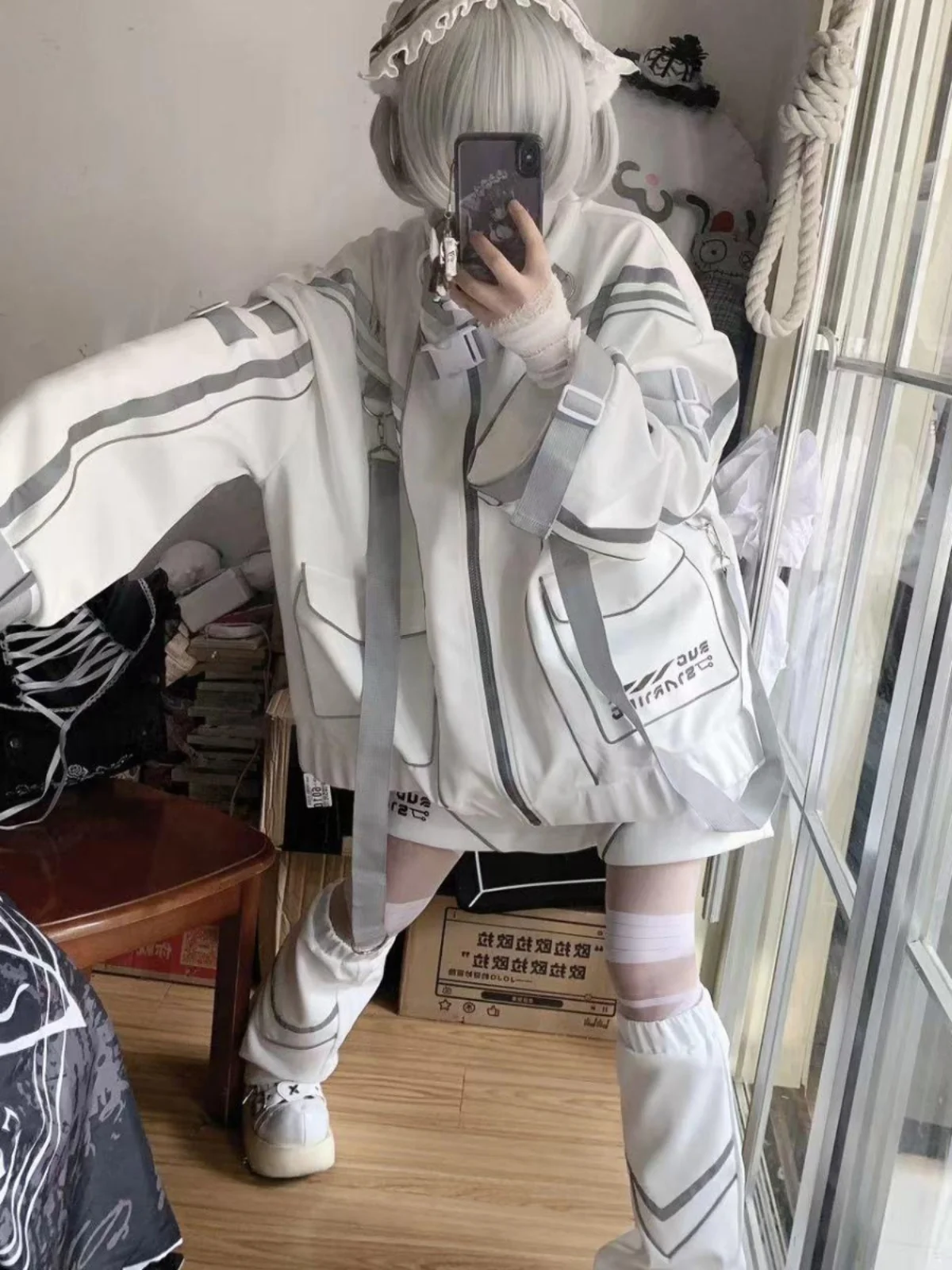 เสื้อโค้ทสไตล์ไซเบอร์พังก์ทรงหลวมสำหรับผู้หญิง มือสอง สไตล์ลำลอง มีซิป แขนยาว สีสันสดใส