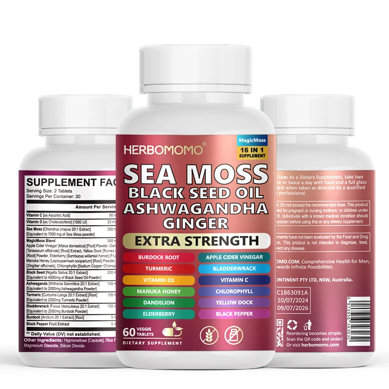 Капсулы Sea Moss 60 таблеток-16 в 1 без ГМО для поддержки репродуктивного здоровья, натуральный энергетический прибор на основе растений, чистый и
