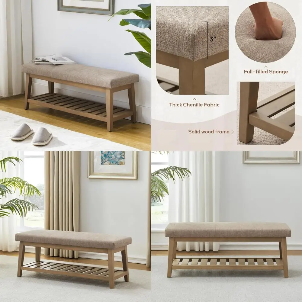 

Upholstered Entryway Shoe Bench with Cushion, Bed End Storage Ottoman, Kitchen Bench with Solid Wood Shelf, Fabric Ottoman Bench