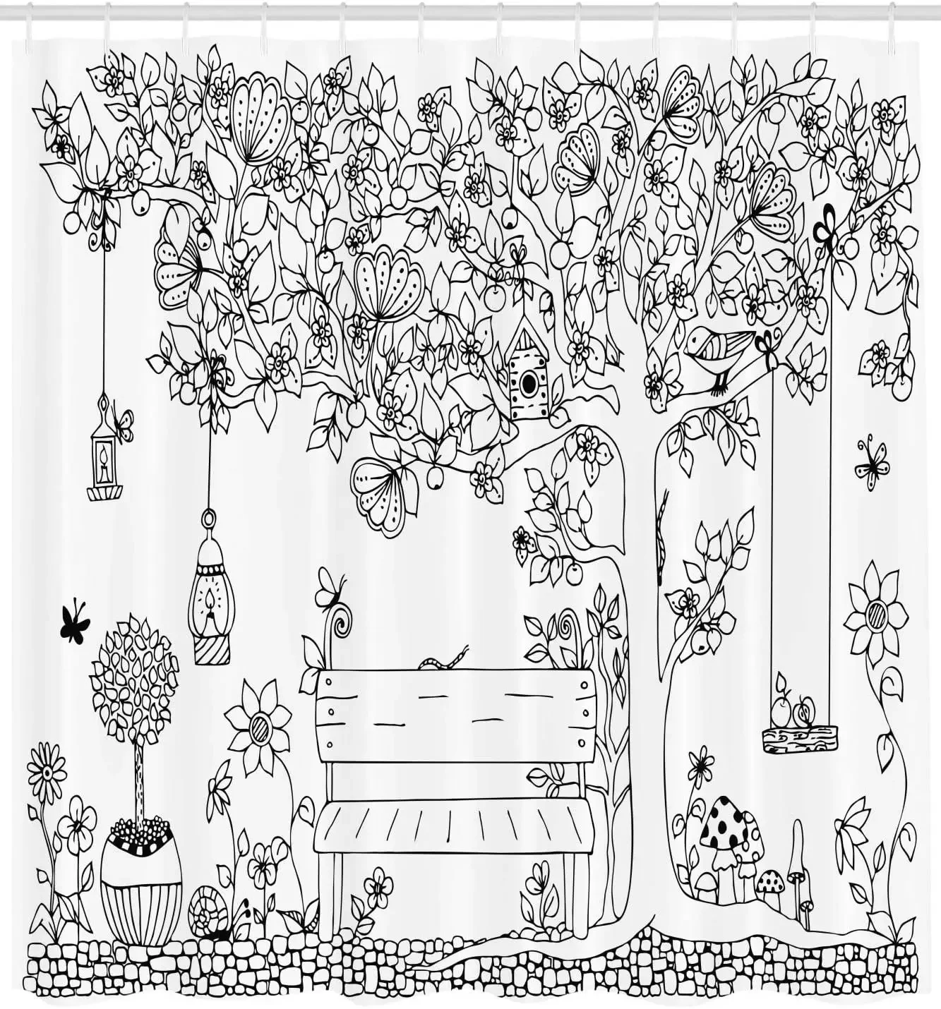 Floral Tree with Lanterns Butterflies and Swing in Garden Dream Space Illustration Cloth Fabric Bathroom Decor