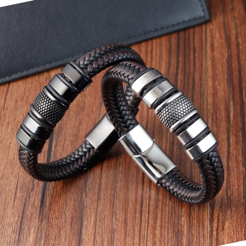 Brand Fashion Handmade Men\'s Leather Bracelet Trendy Classic Charm Braided Wrap Stainless Steel Bracelets Punk Bangles