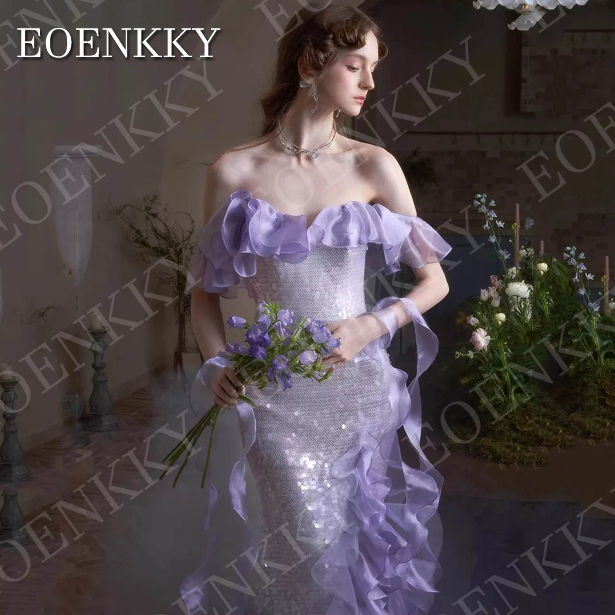 فساتين سهرة لامعة من EOENKKY فستان رائع للحفلات الراقصة ترتر أرجواني مكشوف الأكتاف وكشكشة حورية البحر فستان حفلات مخصص من فساتين المساء المتلمعة فستان حفل حفل رائع باكين اللون البنفسجي قبالة الكتف الرافعات حورة البحر ف