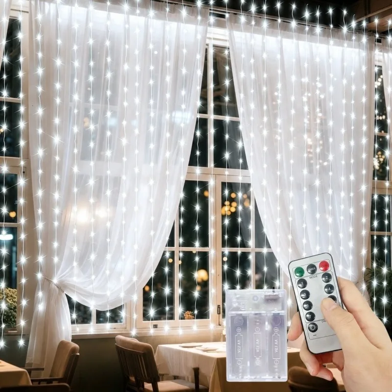8 Modes Battery Powered Curtain String Light With Remote 100‑600LED Warm White Multicolor for Christmas Indoor Outdoor Decor