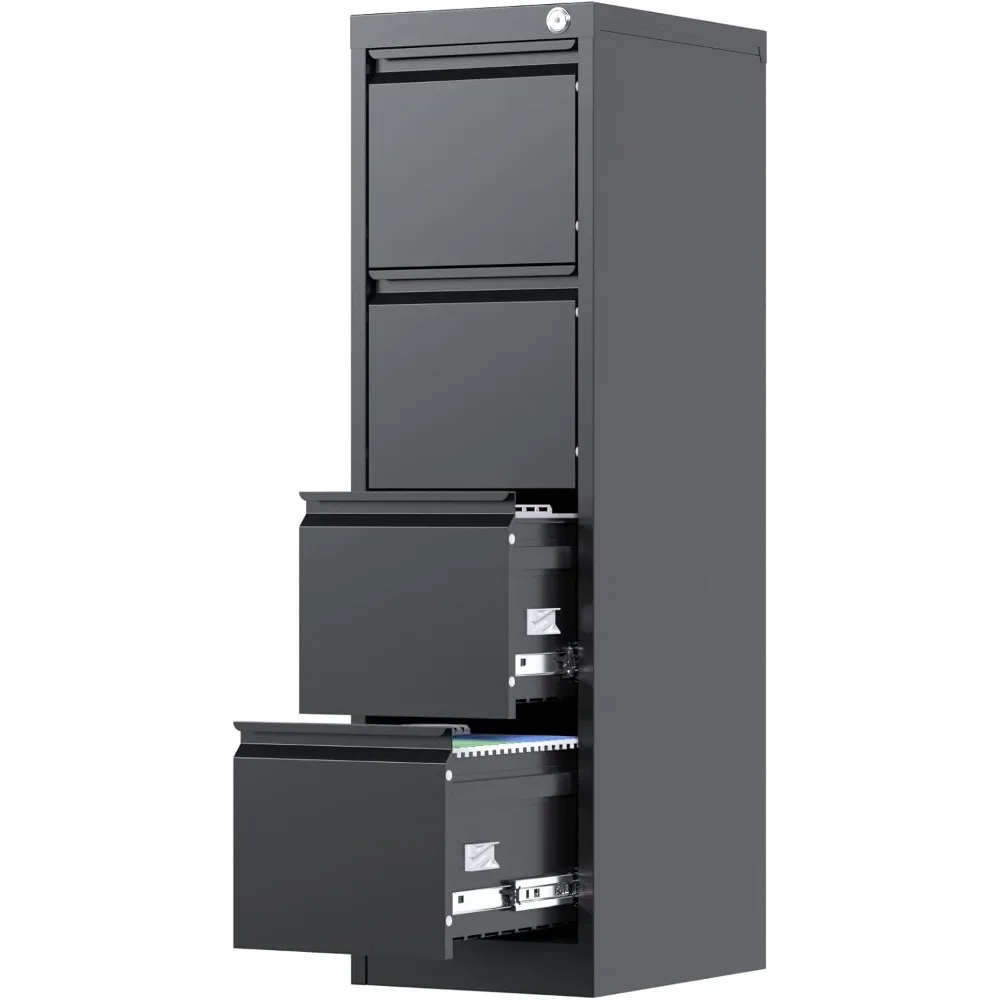 4 Drawer Filing Cabinet, Metal Vertical File Cabinet 4 Drawers with Lock, Locking Black File Cabinets