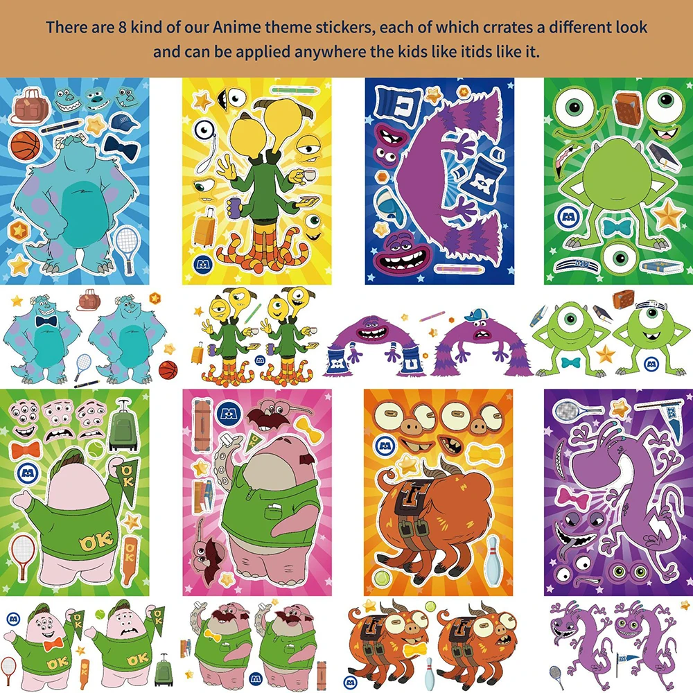 8/16Sheets Disney Monsters Inc Puzzle Stickers Make-a-Face Games Toy Create Your Own Funny Cartonn Assemble Jigsaw Children Gift