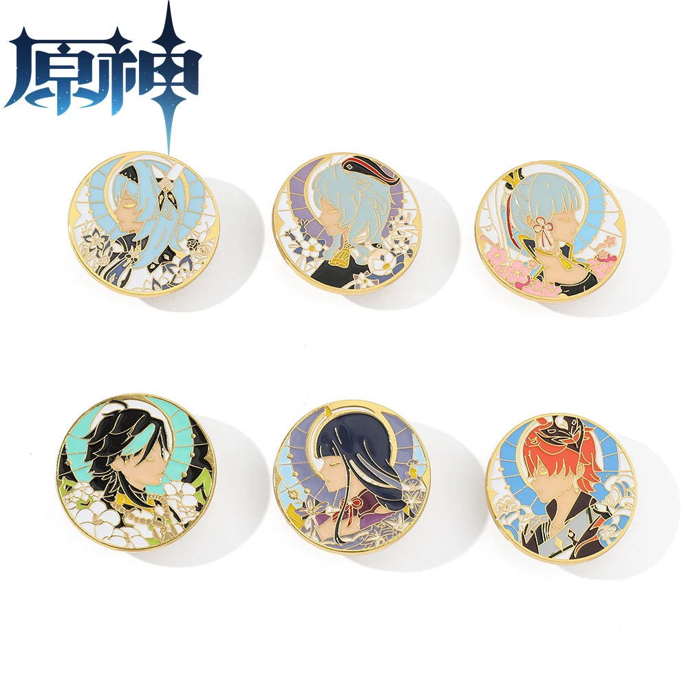 Genshin Impact Cute Brooch Anime Wendi Zhongli Kamisato Ayaka Tartaglia Eula Ganyu Raiden Shogun Figure Enamel Brooches Pins