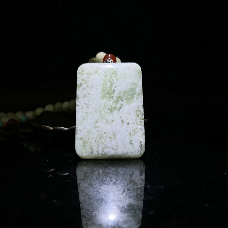 

Natural Jade Stone Plain Rectangular Pendant with Beaded Chain Hand-Carved Smooth Jade Necklace for Adults
