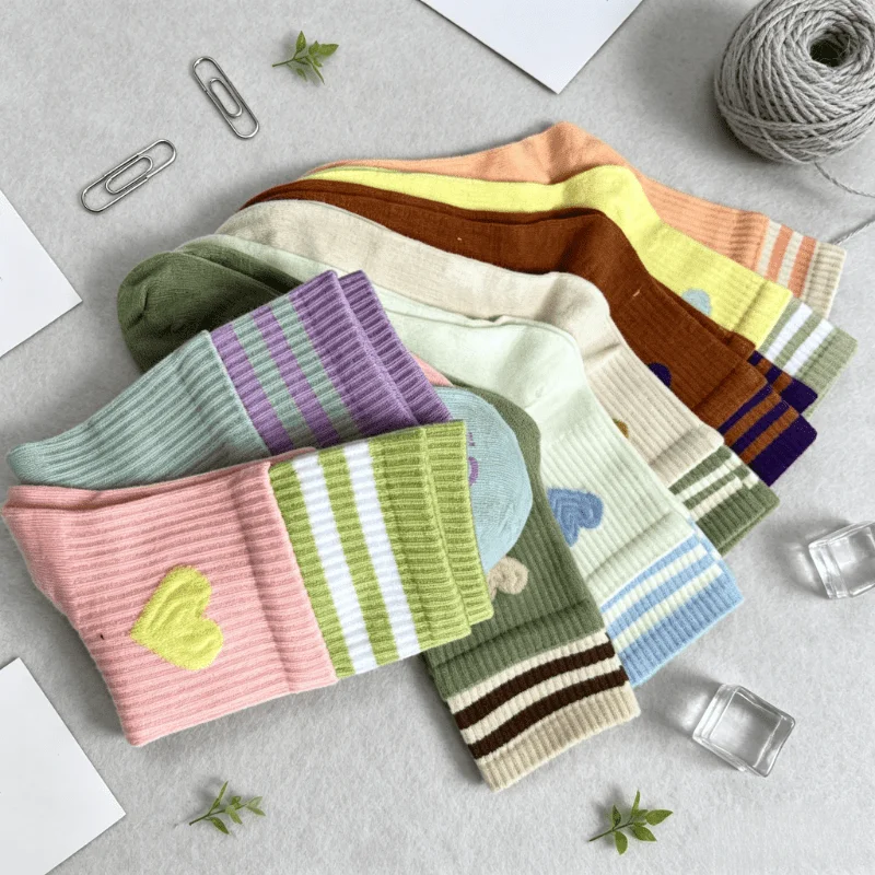 8 Pairs Women's Mid-Calf Sock,Colorful Striped Sock,INS Trendy Look Spliced Design,Heart Elements with Contrast Color Stripes
