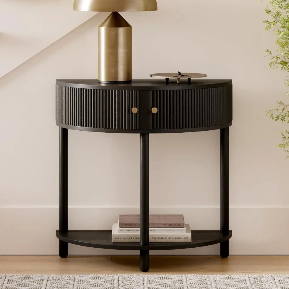 

Fluted Half Moon Console Table - Semicircular Black Oak Veneer Entryway Table - Hidden Storage w/Two Fluted Doors & Brass Knobs