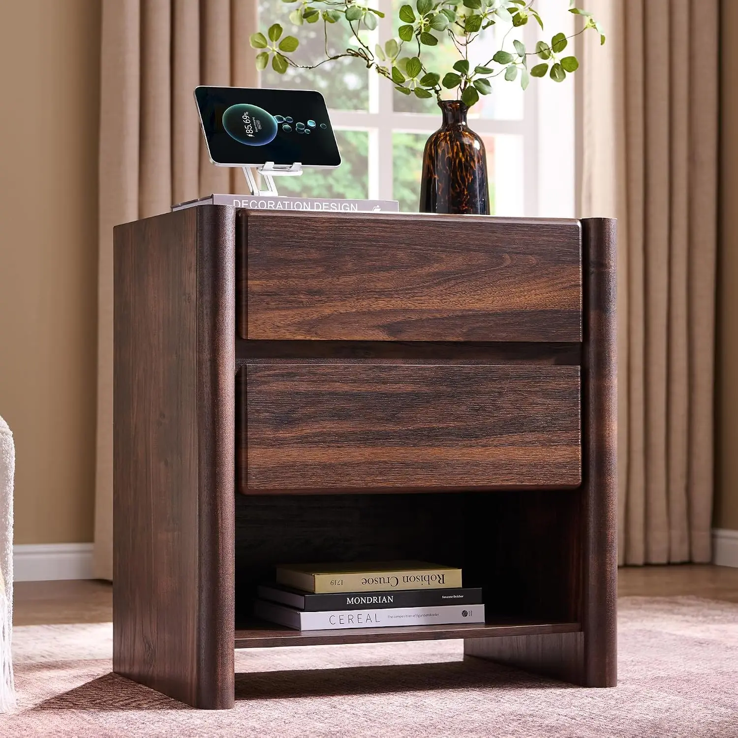 25 Inch Tall Modern Nightstand with Charging Station 2 Drawers Luxury Recamera Furniture Open Shelf 23.6 Inch Width Brown Custom