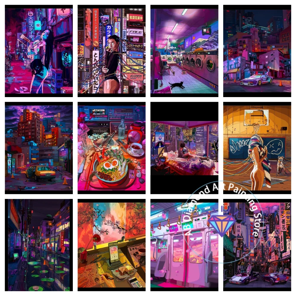

Night Neon City Street AB Diamond Painting Kit Square Round Diamond 5D DIY Fantasy Car Anime Mosaic Handmade Art Gift Home Decor