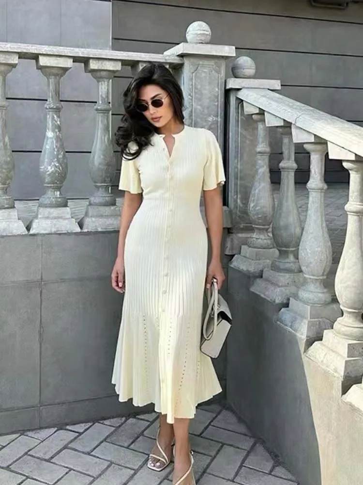 

Women Patchwork Knitted Maxi Dress Short Sleeve Hollow Out Ribbed Long Party Dresses Elegant O-Neck High Waist Lady Knitwear