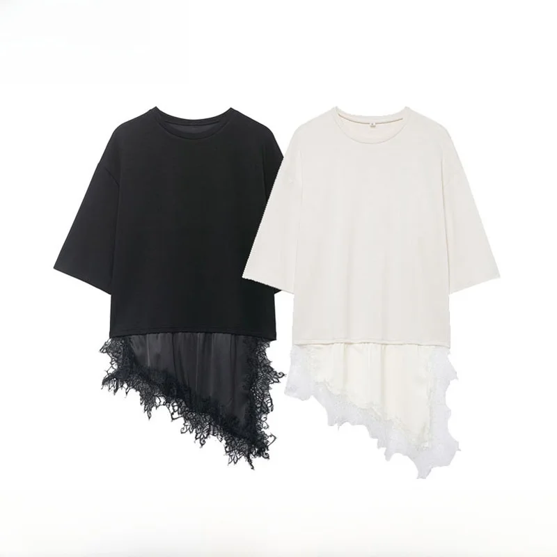 

Faionable Lace Satin Patchwork T-irt Top Skirt for Women Autumn Winter New Arrival Korean Sle Loose Fit Polyester Fiber