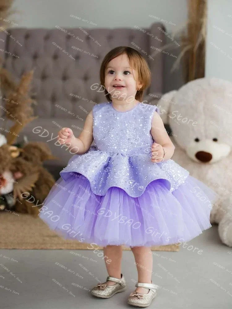 Baby Girls Lavender Princess Dress Tiered Tulle Birthday Gowns Sparkly Sequins Tea Length Toddlers Clothing Custom Made Vestiods