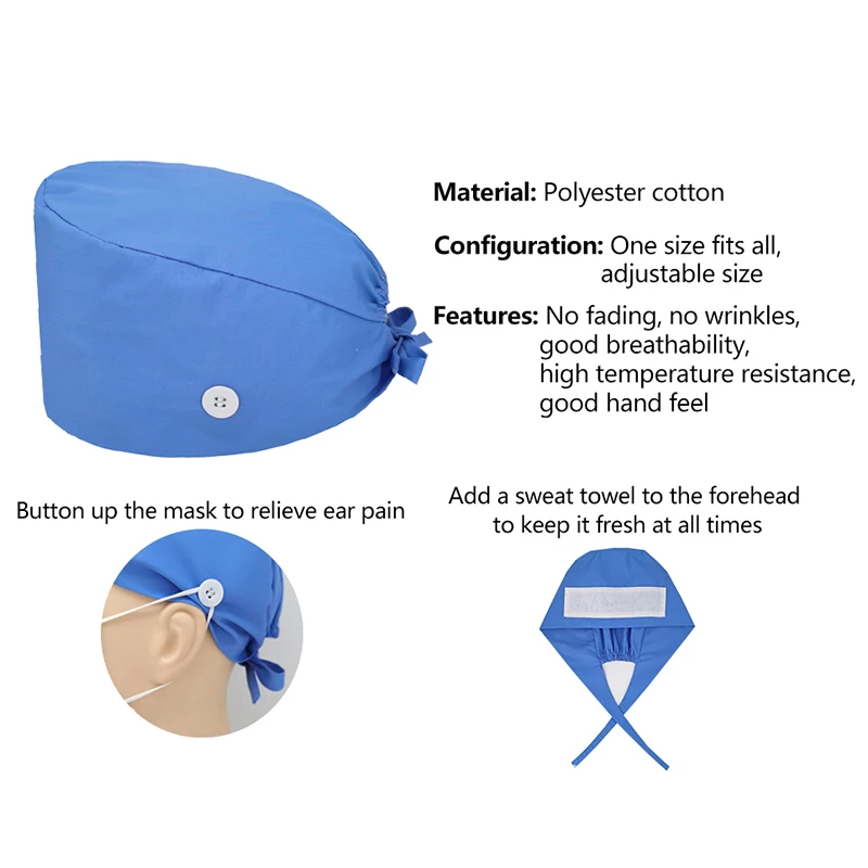 New Scrub Cap With Button Adjustable Doctor Nurse Cap For Women Men Ponytail Holder Long Hair Dentist Nursing Hat Solid Color