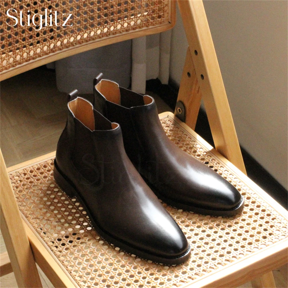 Brown Polished Men's Boots Genuine Leather Chelsea Boots Almond Toe Slip on Boots Fashion Style Elastic Booties Handmade Shoes