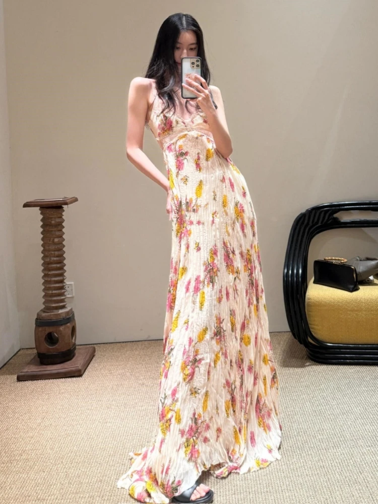 

Summer Sexy Spaghetti Strap Printed Lace Patchwork Cutout Long Dress Women Sleeveless Backless Flower Slim Dresses Holiday Party