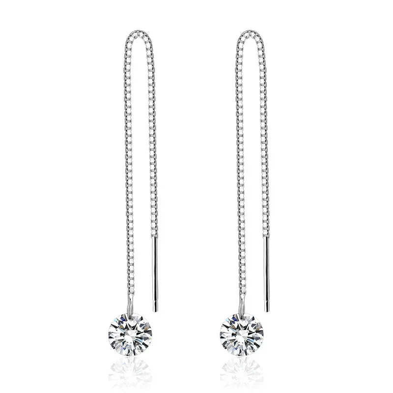 Boucles d'oreilles pendantes en cristal rond brillant pour femmes, boucles d'oreilles pendantes de ligne d'oreille de document en argent, boucles d'oreilles longues de fête de mariage, bijoux de mode
