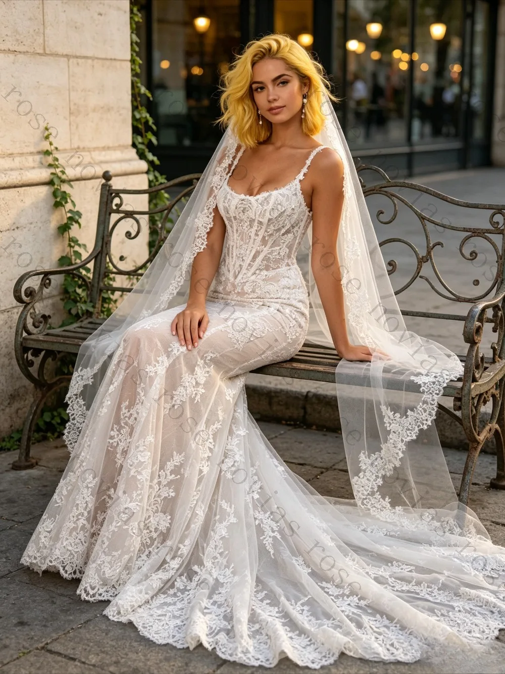 Customized Square Neck Lace Wedding Dress 2026 Mermaid Sweep Train Bridal Gown with Veil Elegant Luxury Bride Dress for Women