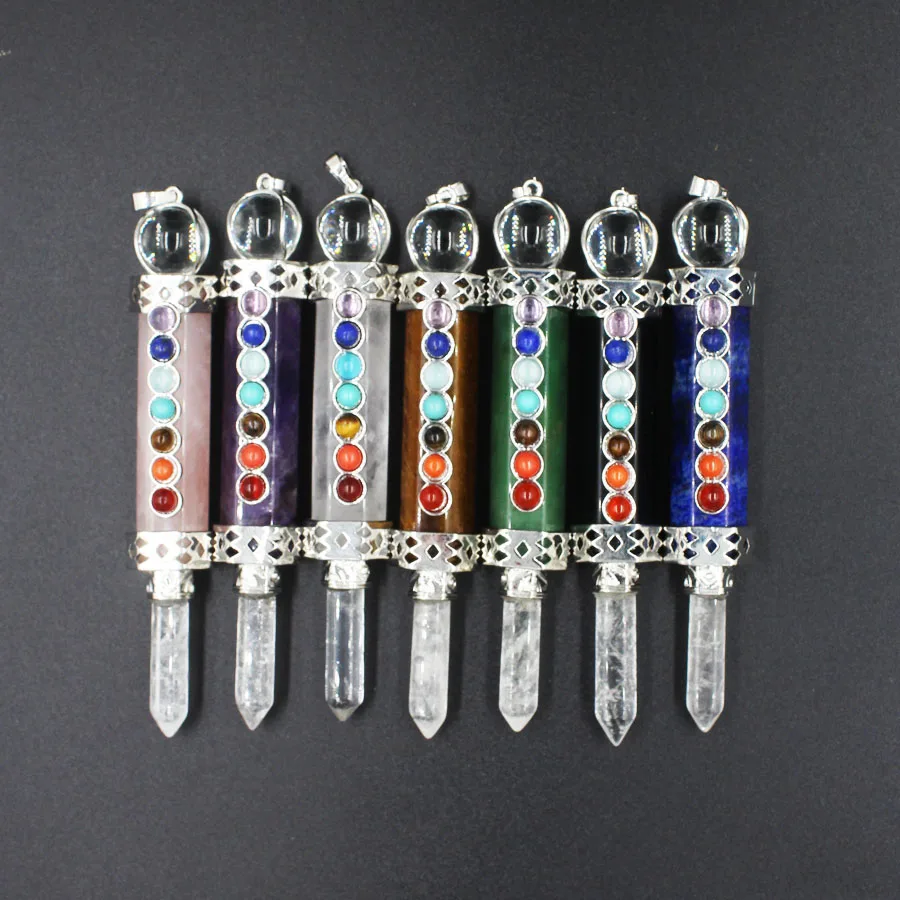 7 Chakra Beads Hexagon Prism Necklace Pendants Natural Gem Stone Reiki Pendulum Chain Charms Healing Amulet Jewelry 10pcs