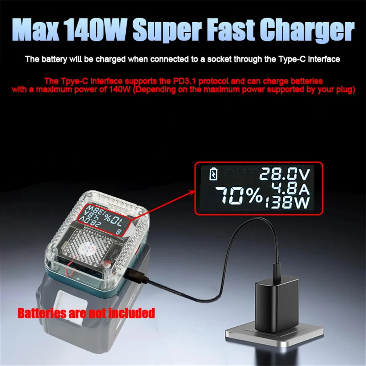 محول بطارية ليثيوم بشاشة رقمية AAA87 لشاحن USB Type-C باور بانك 138 وات