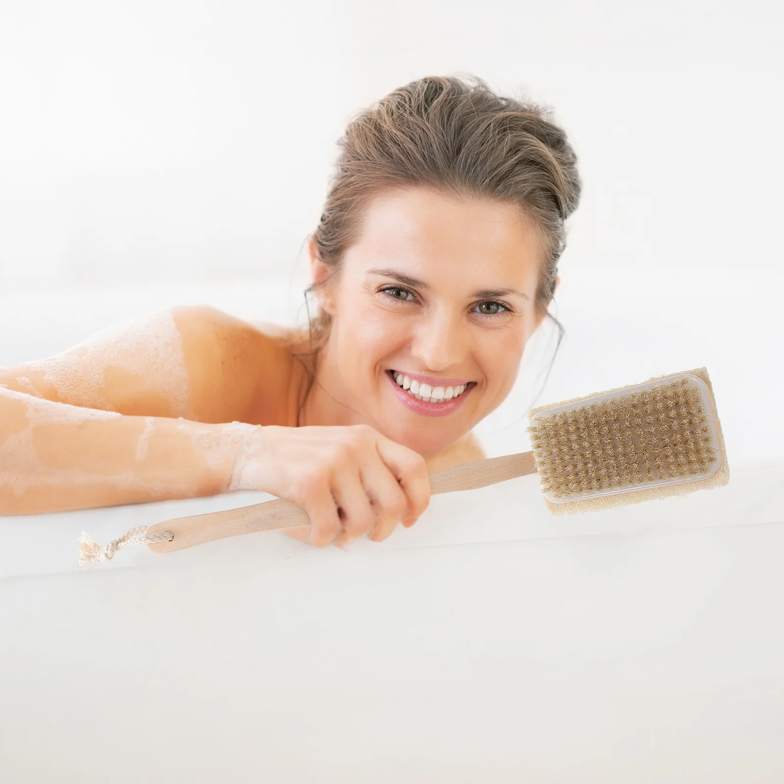 

Long Handle Wooden Bath Brush Natural Bristles Exfoliating Massager for Feet Knees Legs Skin Softening and Cleansing