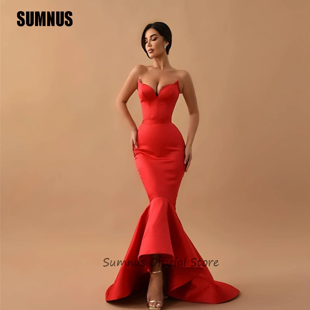 SUMNUS-vestido de cetim sem alças para mulheres, vestidos de baile sexy sereia, vestidos de festa slim fit, Arábia Saudita personalizado, vermelho sob medida