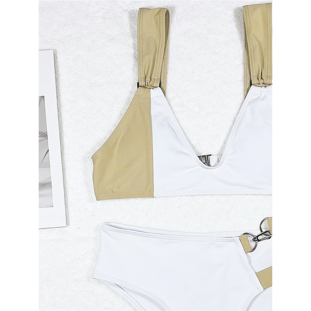 Sexy, asymmetrischer Bikini mit V-Ausschnitt, Damen-Badeanzug, zweiteiliges Bikini-Set, Badebekleidung, Damen-Badeanzug, V3435. – Detail 10