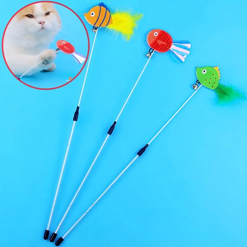 

Cat Toy Feather Cats Teaser Stick Toy Retractable Cat Toys Interactive Spring Fish Stick Toys for Cats Scratching Pet Supplies