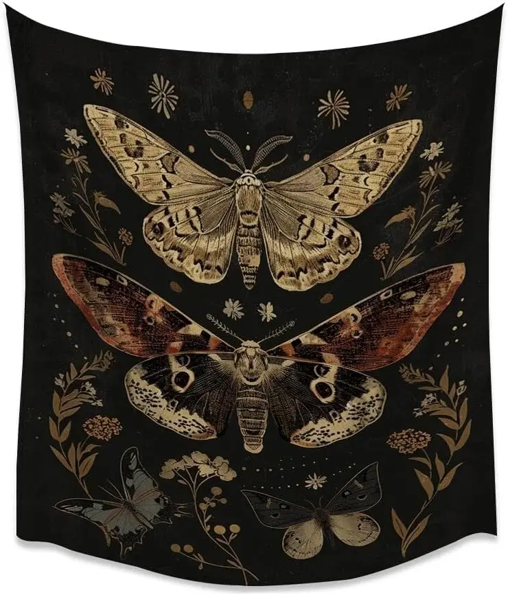 Vintage-Motten-Wandteppich, Retro-Botanikdruck mit Schmetterlingen und Blumendetails auf schwarzem Hintergrund, Wandbehang für die Heimdekoration
