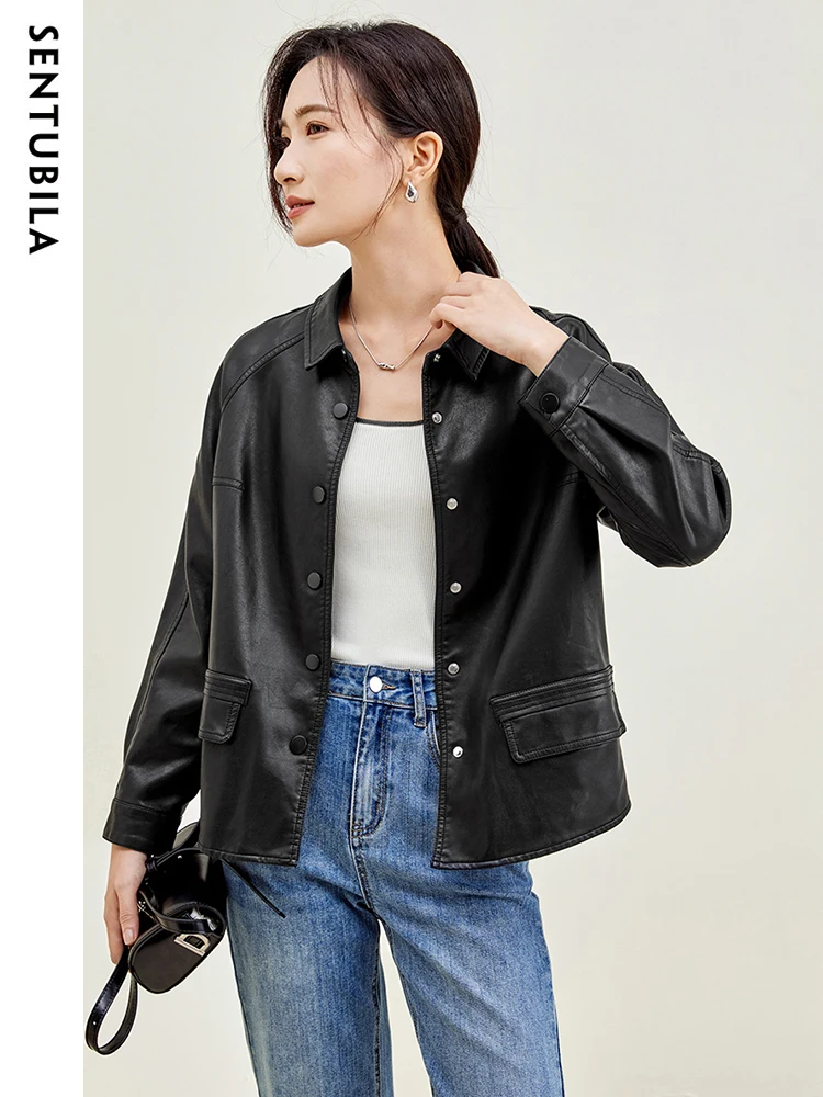 SENTUBILA Black Faux Leather Jacket Women Shacket 2024 Autumn Winter Outerwear Pu Leather Button Up Shirt Jacket Coat W33G49948